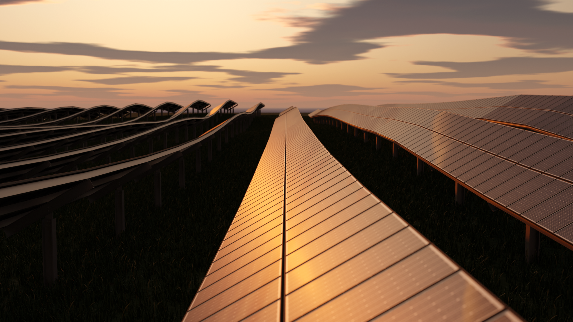 Render of a large ground-mount solar field during dusk